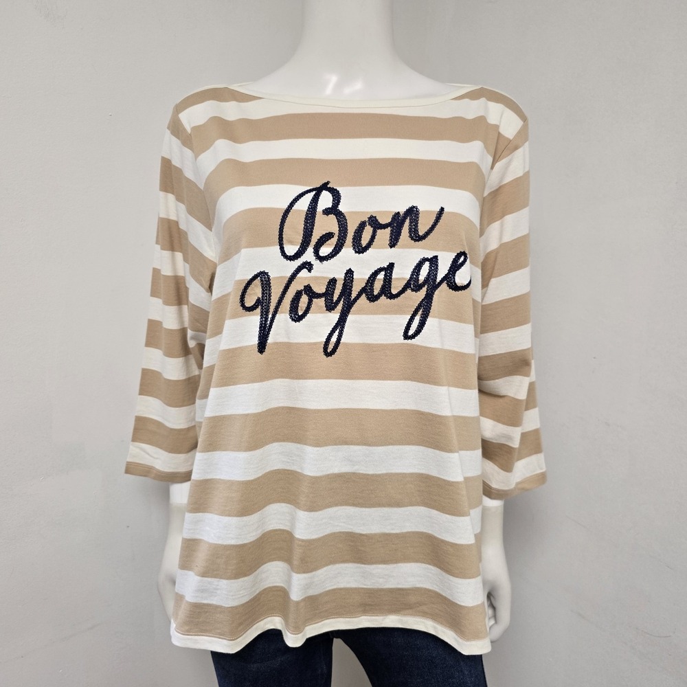 Talbots Bon Voyage Tee Top Size 2XP 2X Petite Embroidered Envelope Neck Stripe